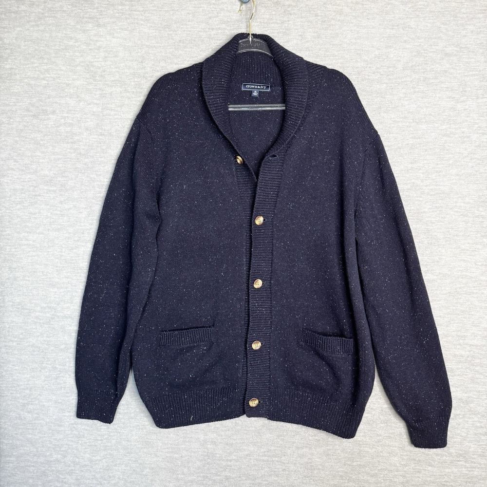 Mens Navy Blue Button Up Shawl Cardigan Sweater Size XL Grandpa Academia Speckl
